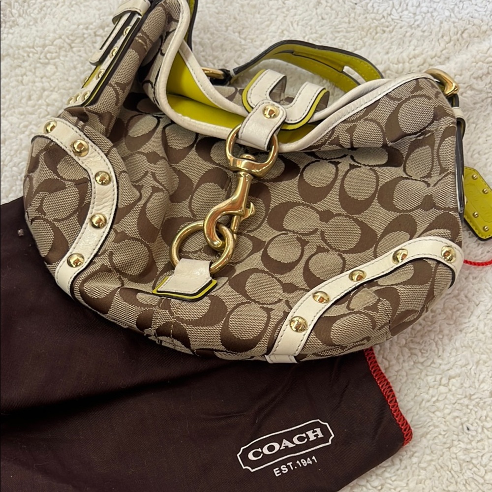Coach Brown and Cream Shoulder Bag with Monogram Design